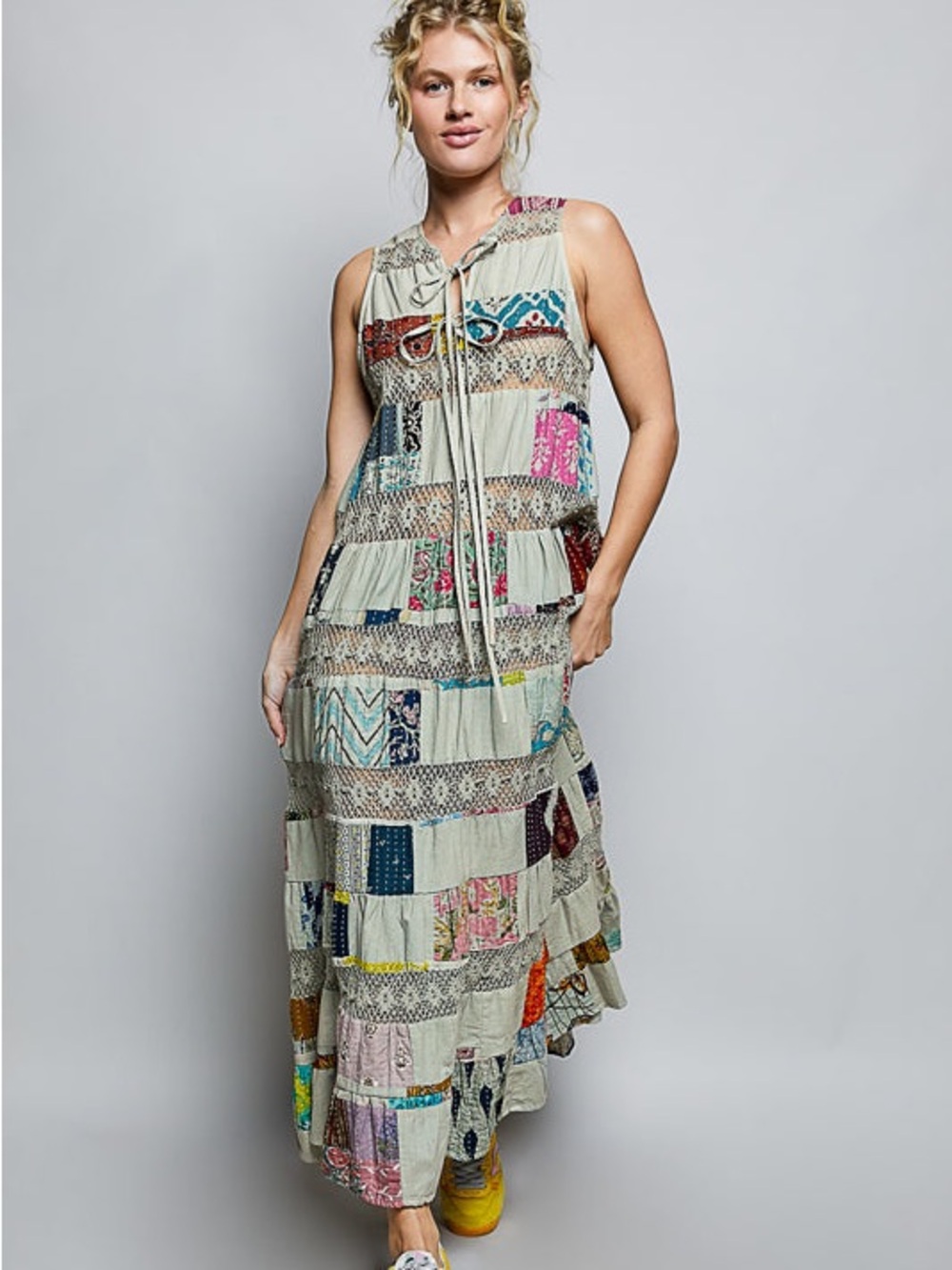 POL Patchwork Maxi Dress in Sage with Multicolor Accents